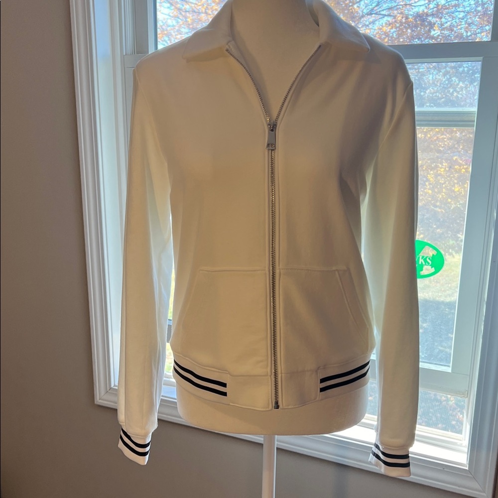 Express Crisp White Bomber Jacket with Black Stripes